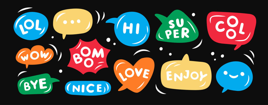 Speech bubbles words stickers. Funny text balloons, rounded chubby font, comic words, dialogue thought clouds, color talk frames, communication box with comments, garish vector cartoon set