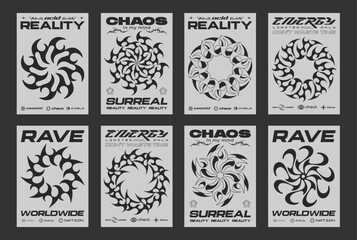 Aufkleber - Set of Abstract Y2k Posters Vector Design. Cool Futuristic Placards. Streetwear Surreal Rave Graphic Elements. Brutalist Retro Vintage Pattern.