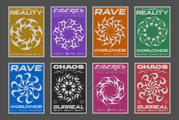 Aufkleber - Set of Abstract Y2k Posters Vector Design. Cool Futuristic Placards. Streetwear Surreal Rave Graphic Elements. Brutalist Retro Vintage Pattern.