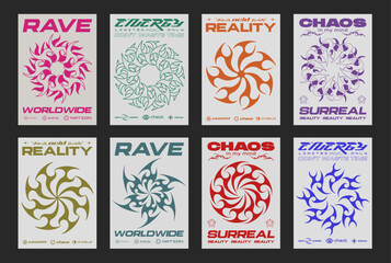 Aufkleber - Set of Abstract Y2k Posters Vector Design. Cool Futuristic Placards. Streetwear Surreal Rave Graphic Elements. Brutalist Retro Vintage Pattern.