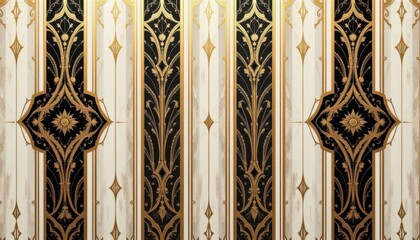Poster - art deco elegant, ornate stripes with geometric patterns and metallic tones, evoking a vintage art deco aesthetic.