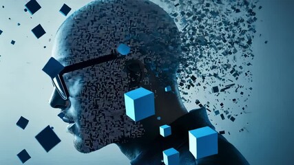 Poster - Pixelated businessman's head slowly dissolving into small blue cubes, symbolizing digital transformation, loss of identity, or artificial intelligence