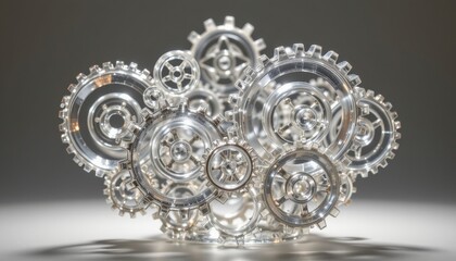 Poster - glass sculpture translucent glass gears with soft lighting creating reflections and shadows for a de
