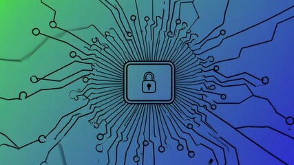 Aufkleber - Complex network of circuits surrounds a central processing unit, symbolizing data protection and cybersecurity, with a prominent lock icon reinforcing the concept of secure login and encrypted code
