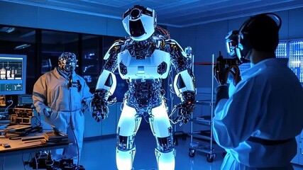 Poster - Innovative robotics lab showcases advanced humanoid technology and coding in a futuristic environment Generative AI