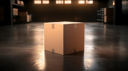 Aufkleber - Cardboard box in spacious, well lit warehouse with polished floor creates serene atmosphere