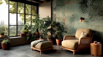 Poster - Comfortable reading nook with armchair plants and soft natural light