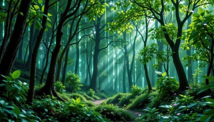 Poster - digital rain forest a lush, green forest where trees are composed of luminous lines and data streams flowing through.