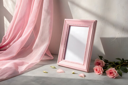 Wooden frame mockup in pink minimalistic room with copy space for artwork, photo or print presentation