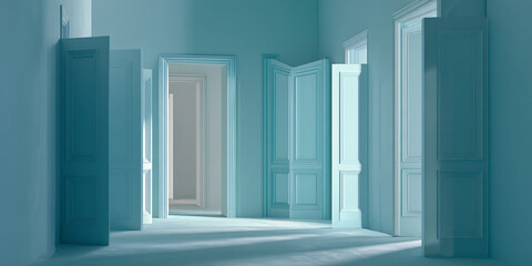 Aufkleber - Light teal room interior with multiple open doors, creating a sense of transition and possibility, showcasing a minimalist and serene atmosphere, ideal for design or architecture concepts