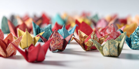 Poster - Colorful origami cranes closeup, diverse patterns, shallow depth of field, showcasing artistry and delicate paper folding, symbolizing peace, hope, and cultural heritage