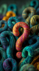 Poster - Textured question mark formed from colorful yarn, surrounded by swirling yarn strands, suggesting complexity, inquiry, or problem-solving