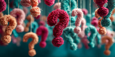 Poster - Fuzzy question marks in pink, teal, and maroon hang against a teal backdrop, suggesting curiosity and uncertainty, ideal for inquiry-based concepts