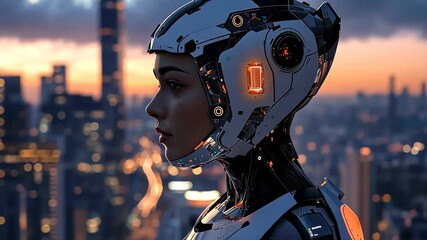 Poster - Exploring the futuristic skyline with a humanoid robot at dusk, blending technology and nature in a vibrant metropolis Generative AI