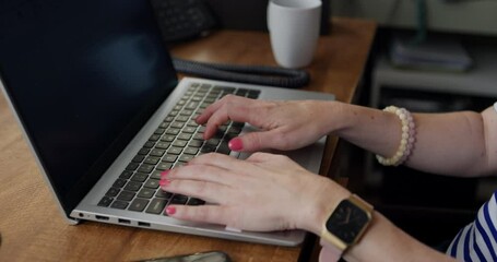 Poster - Hands, laptop and remote work with a freelance author closeup in a home office, working on creative literature. Desk, computer or internet with a writer person typing in an apartment for storytelling