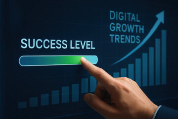 Poster - A hand interacting with a touchscreen interface symbolizes strategic decision-making aimed at achieving business growth and measuring success levels efficiently