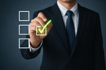 Poster - Businessman with check mark process approval management organization success decision