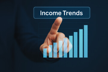 Poster - A business professional analyzes income trends through a rising bar graph highlighting strategy and decision-making for growth and efficiency