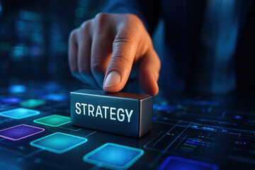 Poster - A professional hand firmly presses a sleek metallic block labeled strategy symbolizing decisive business planning and efficient decision-making in a digital environment