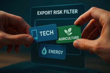 Poster - A strategic decision-making process showcases hands selecting key sectors like technology agriculture and energy for optimized export risk management enhancing business growth and efficiency