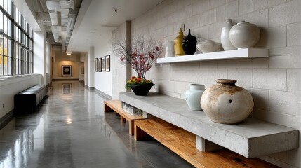 Poster - Modern art gallery interior with decorative vases and polished concrete floor