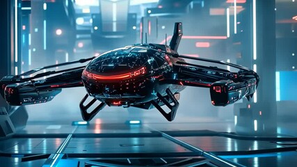 Poster - Futuristic spacecraft hovers in a vibrant neon-lit sci-fi environment showcasing advanced technology and imaginative design Generative AI