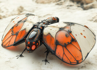 Poster - futuristic mechanical insect with translucent wings and orange accents on light background