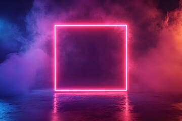 Poster - Glowing neon square frame in a smoky dark room with vibrant colors and mysterious vibe