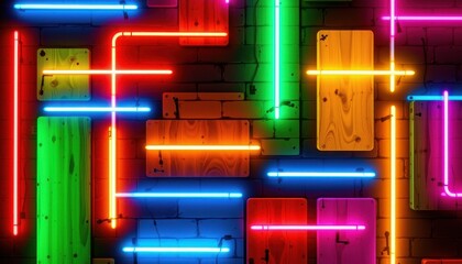 Poster - neon panels bright neon colored planks glowing against a dark background, giving a modern and energetic feel.