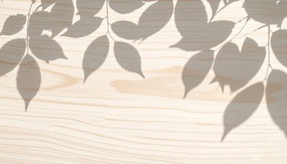 Poster - Shadows of green leaves on light wooden surface nature background minimalist close-up organic design