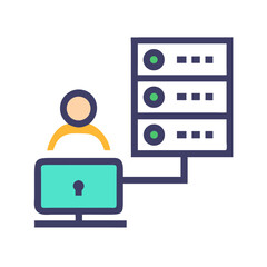 Poster - Network Administrator Connecting to Server Rack Via Computer - Vector Illustration