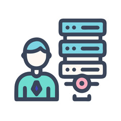 Poster - Server administrator icon featuring a man next to a data server stack.