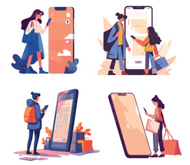Fototapete - Online shopping. Flat people buy on large smartphone, mobile shop application e-commerce concept set vector illustration