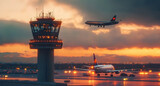 Air traffic control tower of airport with a departing Boeing 737 in the background at sunset.