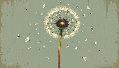 Poster - retro illustration a vintage style illustration of a dandelion with a textured, hand drawn appearance in muted colors.