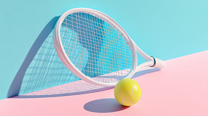 Poster - White tennis racket and yellow ball on pink and blue background, showcasing a minimalist sports concept, ideal for advertisement or design