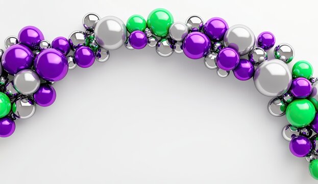Shiny spheres in silver, purple, and green form an arc against a white background