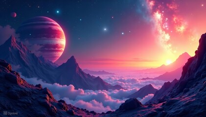 digital artwork of cosmic landscape with colorful planets, outer space, fantasy, surrealism