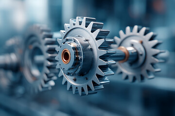 Poster - Close-up of metallic gears intermeshing, showcasing precision engineering and industrial design, symbolizing teamwork, efficiency, and seamless operation