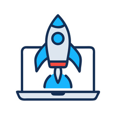 Fototapete - Startup Launch: Rocket Taking Off from Laptop Screen, Online Business Growth