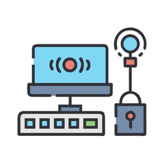 Poster - Data Security Icon: Computer Monitor Connected to a Lock and a Key