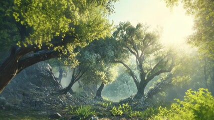 Sunlit trees framed by stone arch in forest