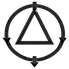 Fototapete - Abstract Black and White Symbol Featuring a Triangle Surrounded by a Circled Arrow Graphic Design.