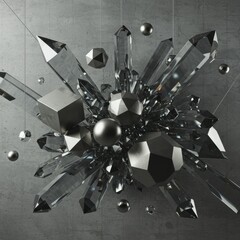 Poster - Abstract 3D Render of Exploding Crystals and Geometric Shapes Suspended in Air Against a Gray Background
