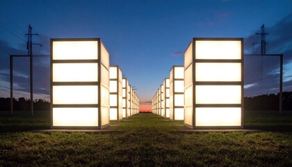 Poster - Illuminated rectangular structures at dusk field landscape photography tranquil environment perspective modern aesthetic