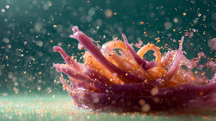 Poster - Purple and orange liquid splash abstract art photography macro shot water droplets and particles in motion