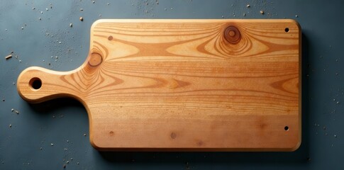 Flat lay of rustic wooden cutting board with handle, on clear background, cutting board, kitchenware, chef's knife