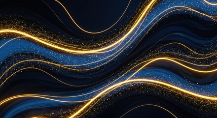 Poster - Abstract Golden Waves on Dark Blue Background Elegant Swirling Design Luxury Texture Shiny Sparkle
