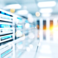Poster - Data Center Server Room with Blurred Background, Modern Technology Infrastructure, and Bright Lights