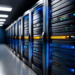 Fototapete - Data Center Servers: A Row of Illuminated Rack Units Providing Powerful Computing and Storage Infrastructure